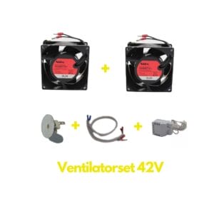 Overzicht Barbas 42V ventilator set. Zichtbaar op de afbeelding dimmer 42V, clickson en twee ventilatoren.