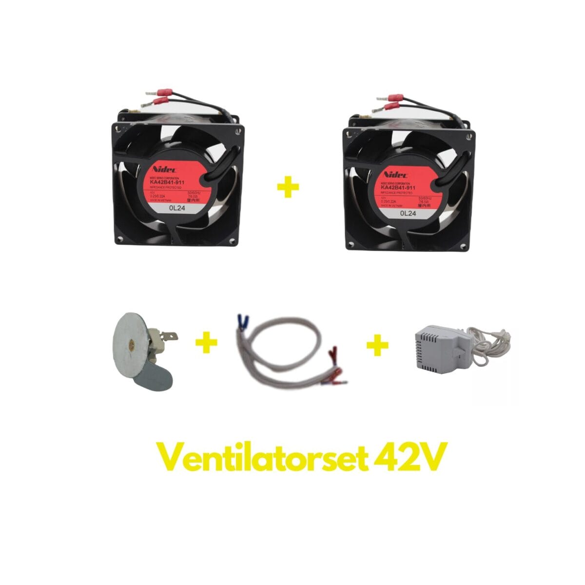 Overzicht Barbas 42V ventilator set. Zichtbaar op de afbeelding dimmer 42V, clickson en twee ventilatoren.